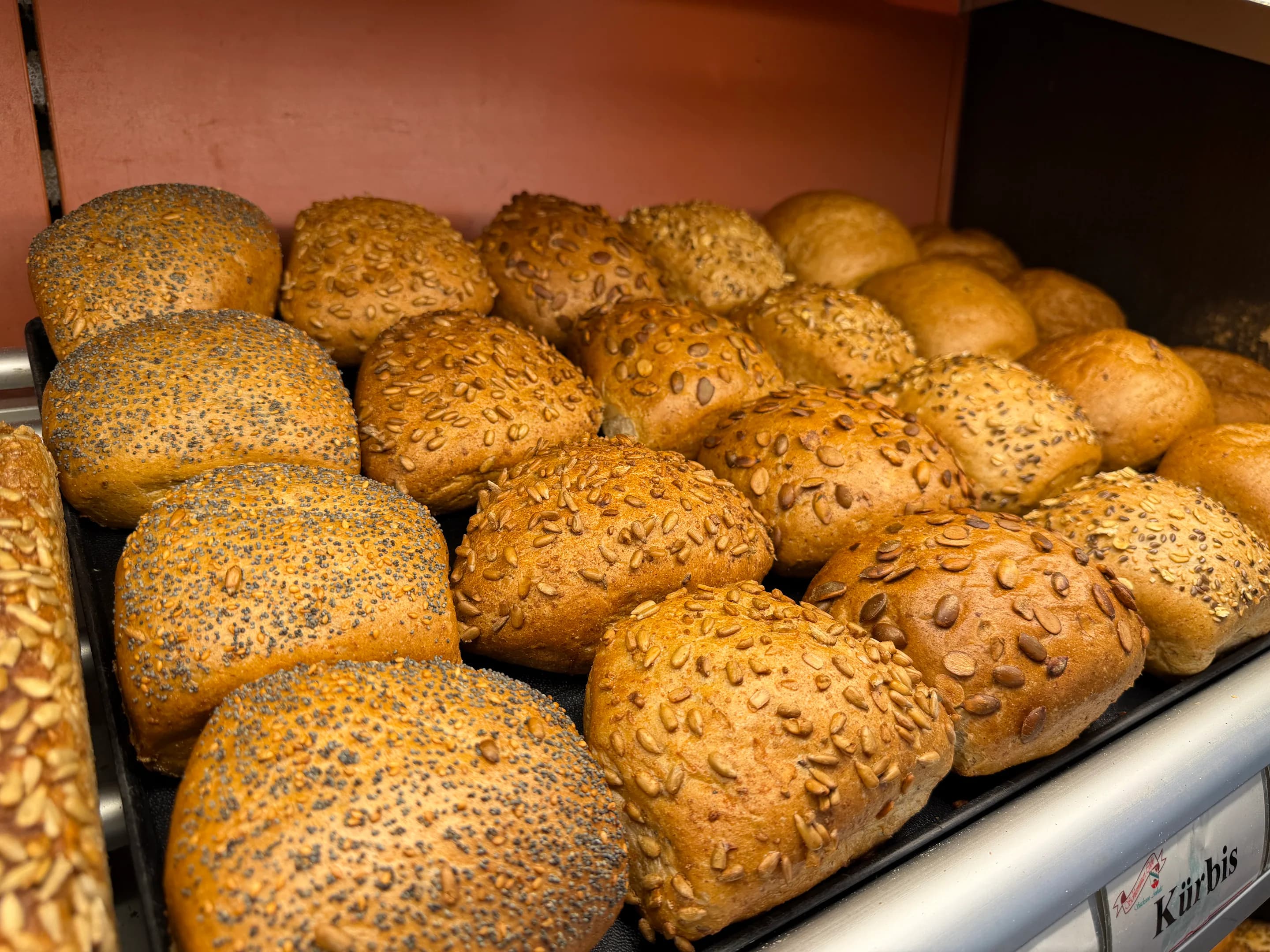Große Auswahl frisch gebackener Brötchen mit Mohn, Sonnenblumenkernen und weiteren Saaten
